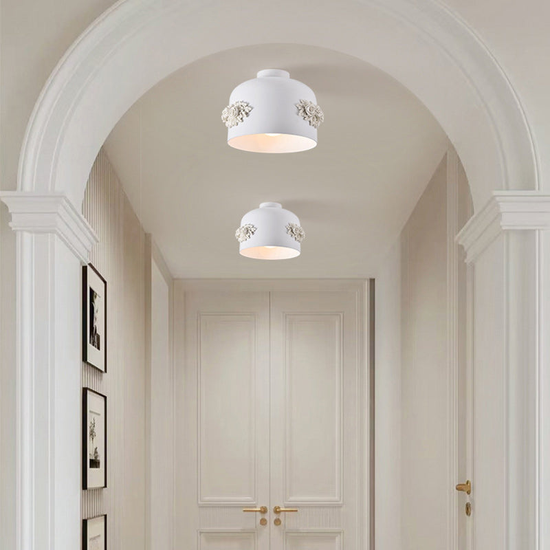 Traditional French Rose Pattern Resin Stainless Steel Lampshade 1 - Light Semi-Flush Mount Ceiling Light For Hallways