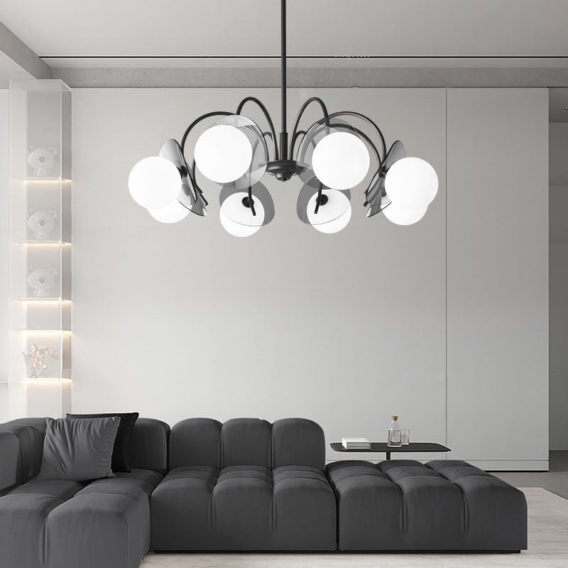 Lustre moderne minimaliste à branches courbées avec abat-jour en verre orbe et tige en cuivre 4/5/8 - lumières pour salon 