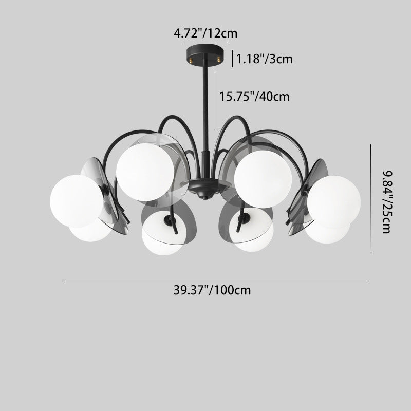 Lustre moderne minimaliste à branches courbées avec abat-jour en verre orbe et tige en cuivre 4/5/8 - lumières pour salon 