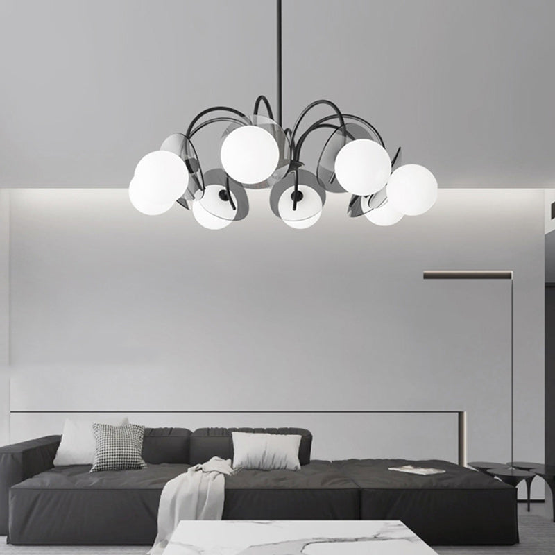 Lustre moderne minimaliste à branches courbées avec abat-jour en verre orbe et tige en cuivre 4/5/8 - lumières pour salon 