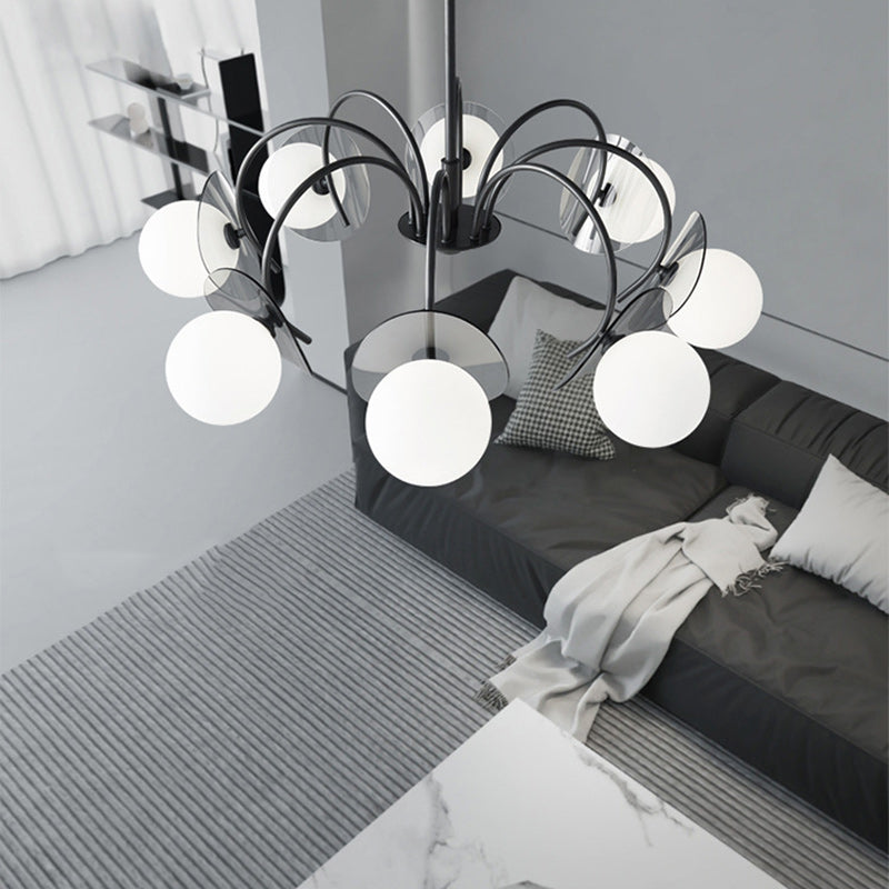 Lustre moderne minimaliste à branches courbées avec abat-jour en verre orbe et tige en cuivre 4/5/8 - lumières pour salon 