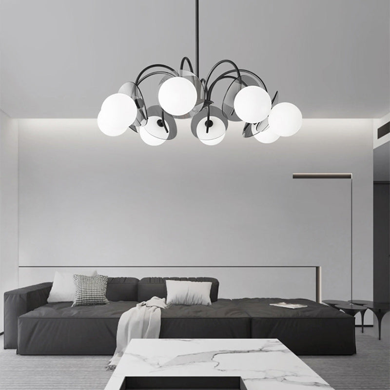 Lustre moderne minimaliste à branches courbées avec abat-jour en verre orbe et tige en cuivre 4/5/8 - lumières pour salon 