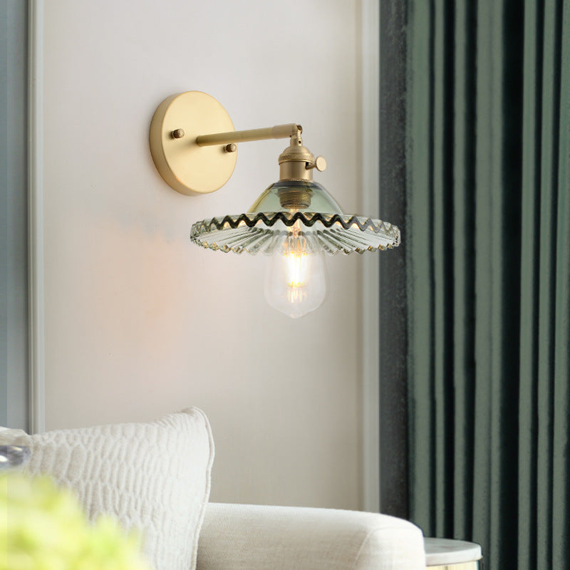 Contemporary Scandinavian Transparent Hat Shape Glass Lampshade Copper 1 - Light Wall Sconce Lamp For Bedroom