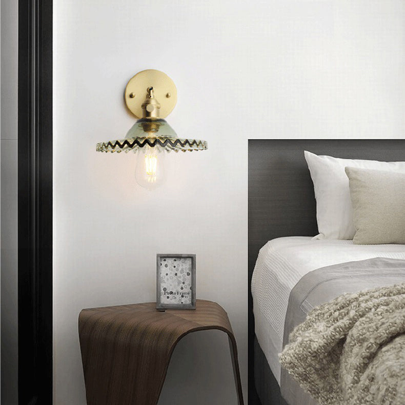 Contemporary Scandinavian Transparent Hat Shape Glass Lampshade Copper 1 - Light Wall Sconce Lamp For Bedroom