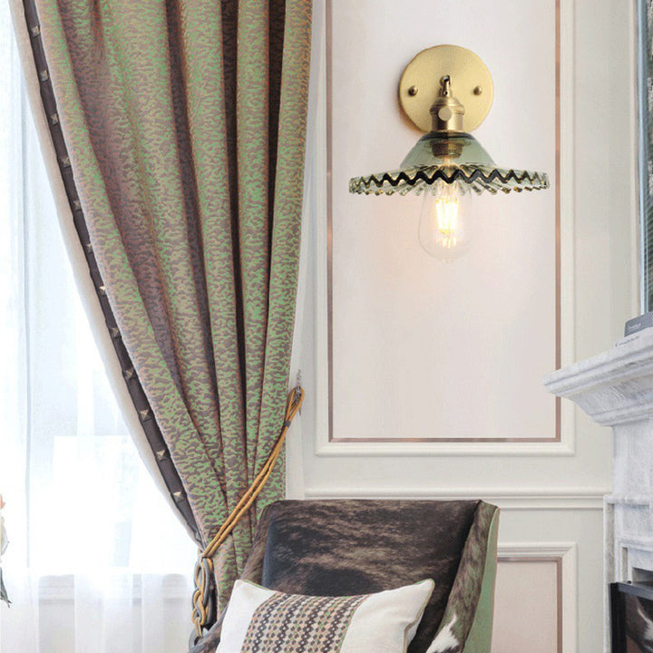 Contemporary Scandinavian Transparent Hat Shape Glass Lampshade Copper 1 - Light Wall Sconce Lamp For Bedroom