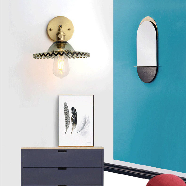 Contemporary Scandinavian Transparent Hat Shape Glass Lampshade Copper 1 - Light Wall Sconce Lamp For Bedroom