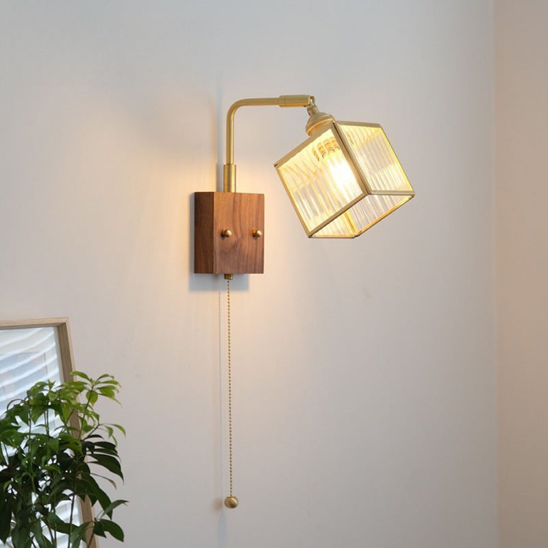 Traditional Japanese Square Cube Glass Lampshade Copper Walnut 1 - Light Wall Sconce Lamp For Living Room