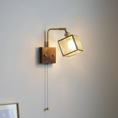 Traditional Japanese Square Cube Glass Lampshade Copper Walnut 1 - Light Wall Sconce Lamp For Living Room