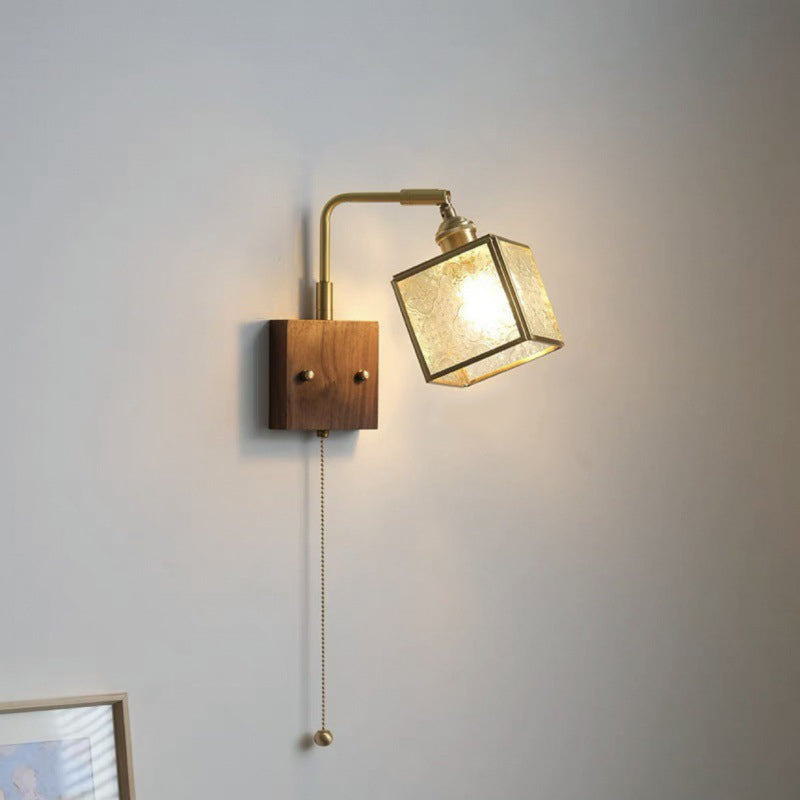 Traditional Japanese Square Cube Glass Lampshade Copper Walnut 1 - Light Wall Sconce Lamp For Living Room