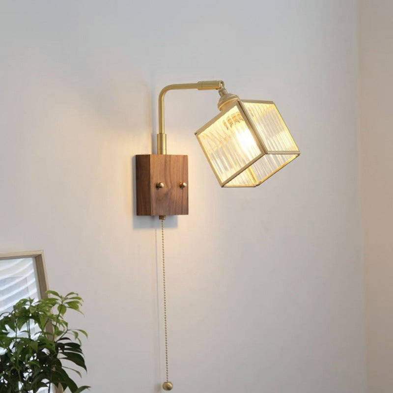 Traditional Japanese Square Cube Glass Lampshade Copper Walnut 1 - Light Wall Sconce Lamp For Living Room