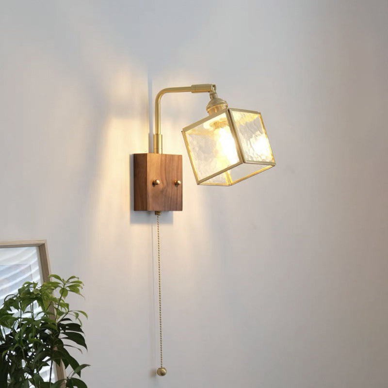 Traditional Japanese Square Cube Glass Lampshade Copper Walnut 1 - Light Wall Sconce Lamp For Living Room