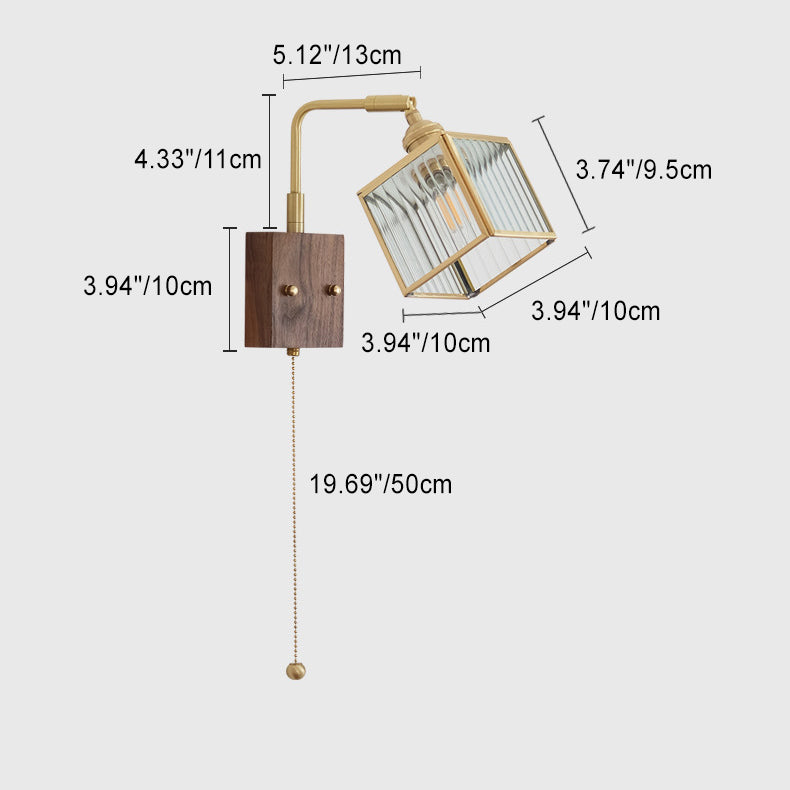 Traditional Japanese Square Cube Glass Lampshade Copper Walnut 1 - Light Wall Sconce Lamp For Living Room