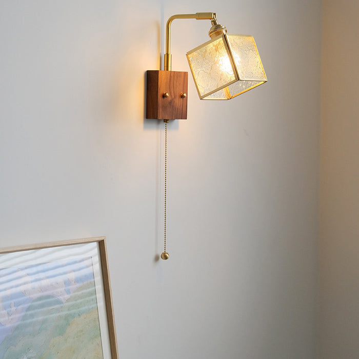 Traditional Japanese Square Cube Glass Lampshade Copper Walnut 1 - Light Wall Sconce Lamp For Living Room