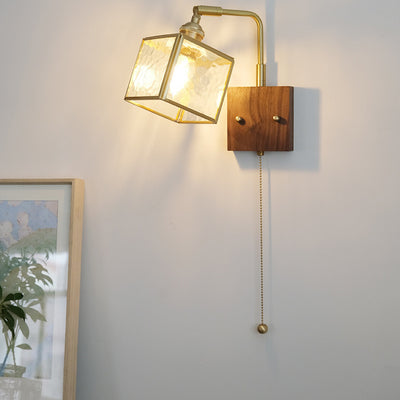 Traditional Japanese Square Cube Glass Lampshade Copper Walnut 1 - Light Wall Sconce Lamp For Living Room