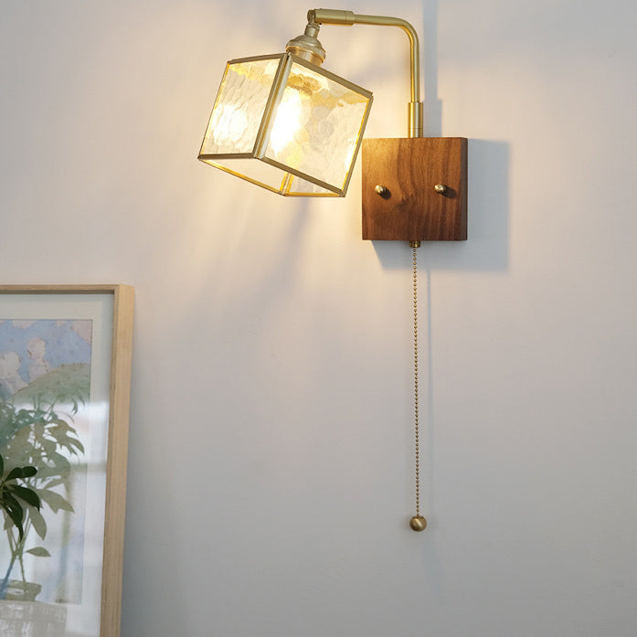 Traditional Japanese Square Cube Glass Lampshade Copper Walnut 1 - Light Wall Sconce Lamp For Living Room