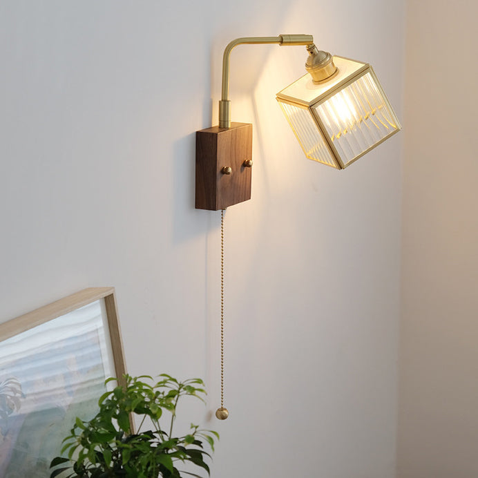 Traditional Japanese Square Cube Glass Lampshade Copper Walnut 1 - Light Wall Sconce Lamp For Living Room