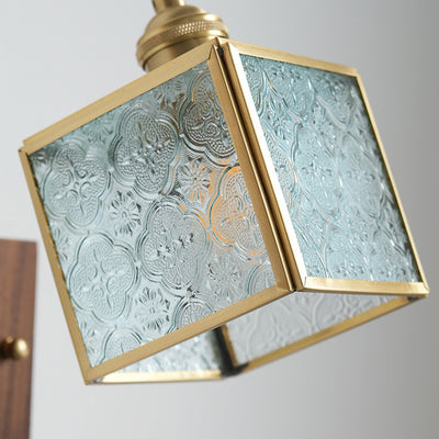 Traditional Japanese Square Cube Glass Lampshade Copper Walnut 1 - Light Wall Sconce Lamp For Living Room