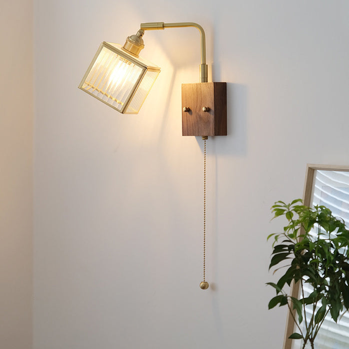 Traditional Japanese Square Cube Glass Lampshade Copper Walnut 1 - Light Wall Sconce Lamp For Living Room