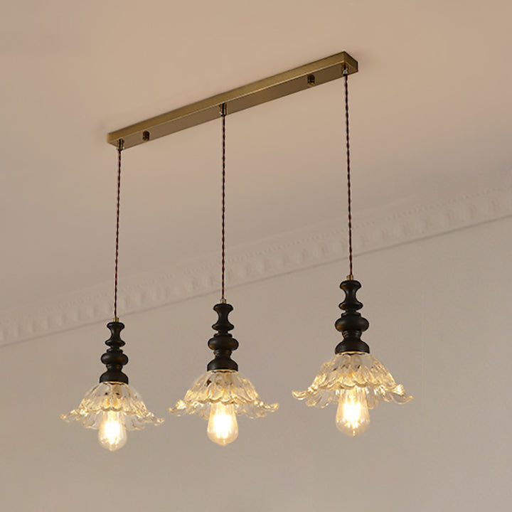 Traditional French Flower Shape Glass Lampshade Iron Solid Wood 1/3 - Light Chandelier For Dining Room