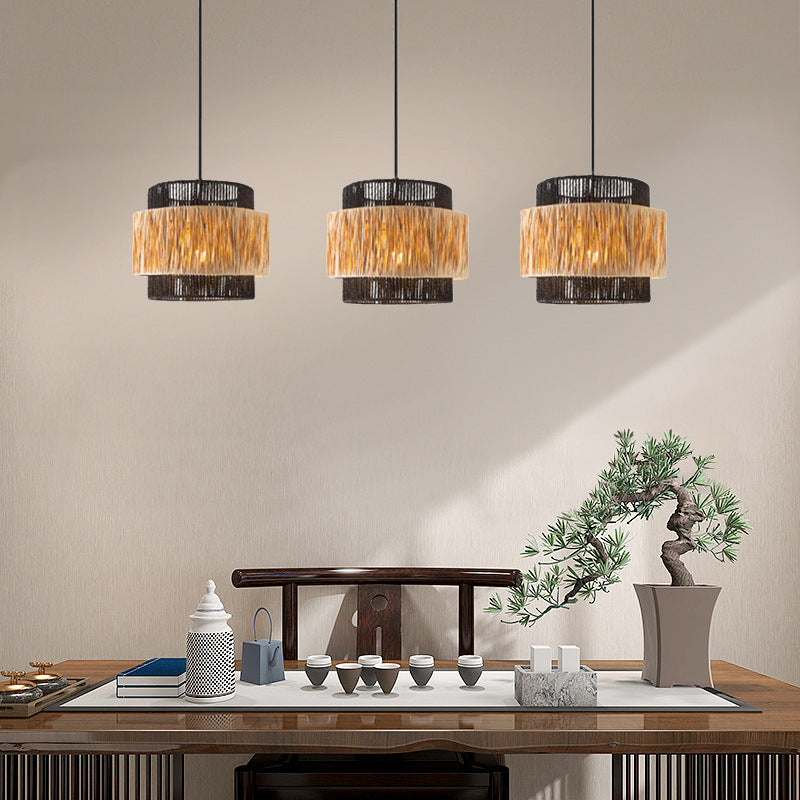 Zeitgenössischer Boho Zylinder Raffia Papier Lampenschirm Eisen 1/3 - Licht Kronleuchter für Wohnzimmer 