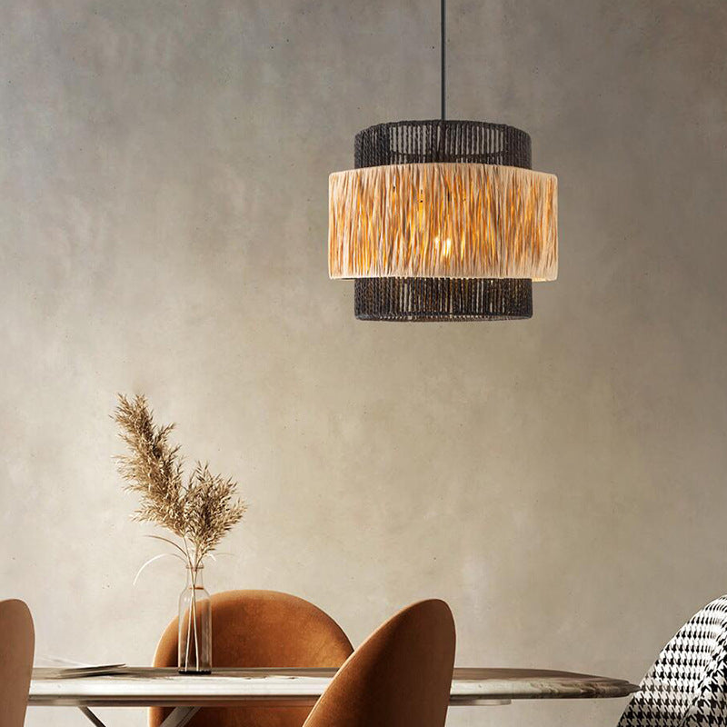 Zeitgenössischer Boho Zylinder Raffia Papier Lampenschirm Eisen 1/3 - Licht Kronleuchter für Wohnzimmer 