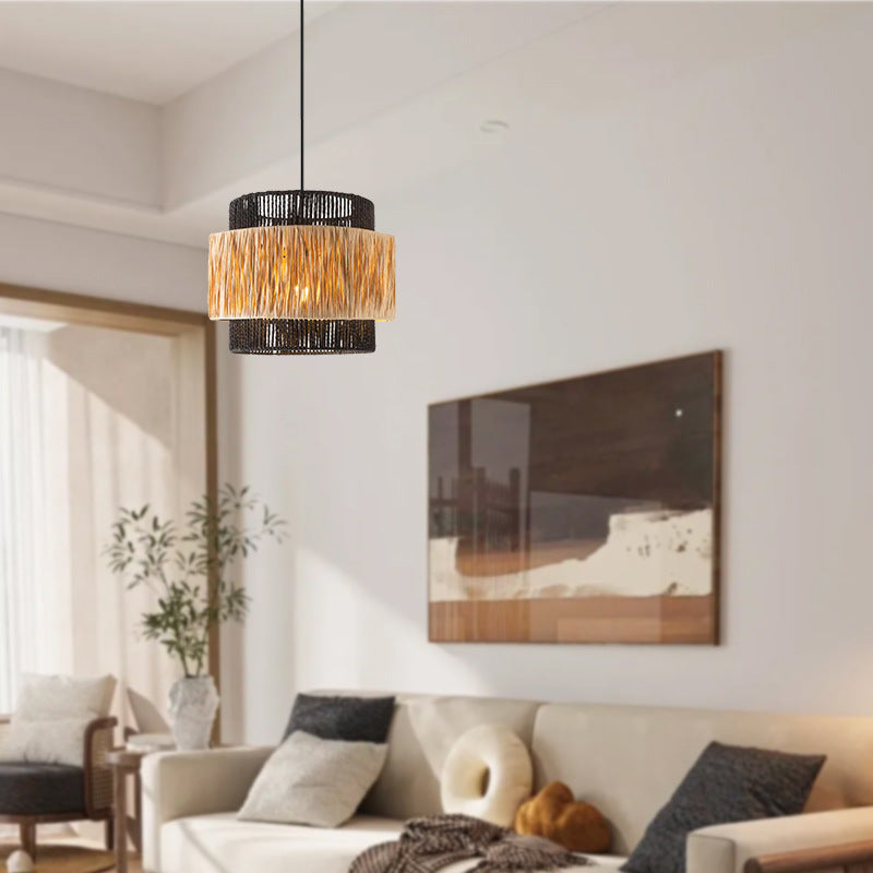 Zeitgenössischer Boho Zylinder Raffia Papier Lampenschirm Eisen 1/3 - Licht Kronleuchter für Wohnzimmer 
