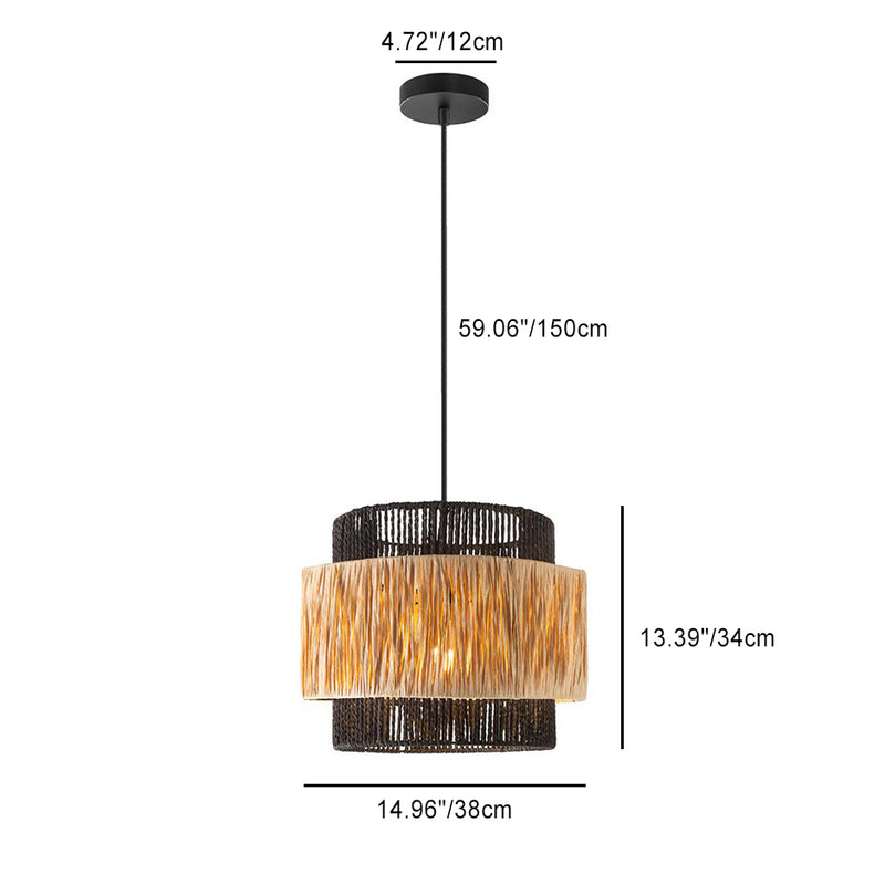 Zeitgenössischer Boho Zylinder Raffia Papier Lampenschirm Eisen 1/3 - Licht Kronleuchter für Wohnzimmer 