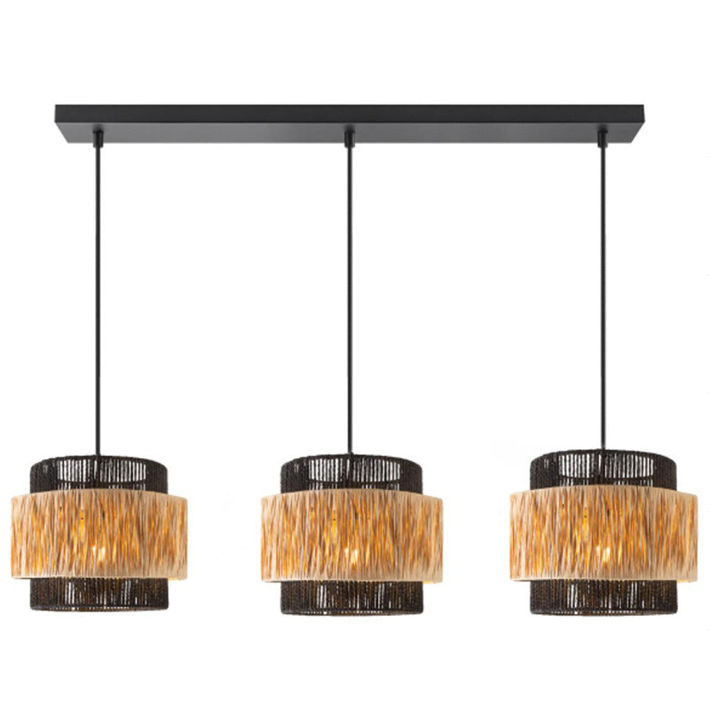 Contemporary Boho Cylinder Raffia Paper Lampshade Iron 1/3 - Light Chandelier For Living Room