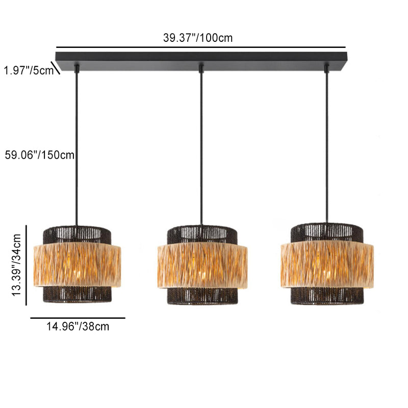 Zeitgenössischer Boho Zylinder Raffia Papier Lampenschirm Eisen 1/3 - Licht Kronleuchter für Wohnzimmer 