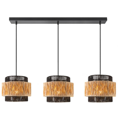 Zeitgenössischer Boho Zylinder Raffia Papier Lampenschirm Eisen 1/3 - Licht Kronleuchter für Wohnzimmer 