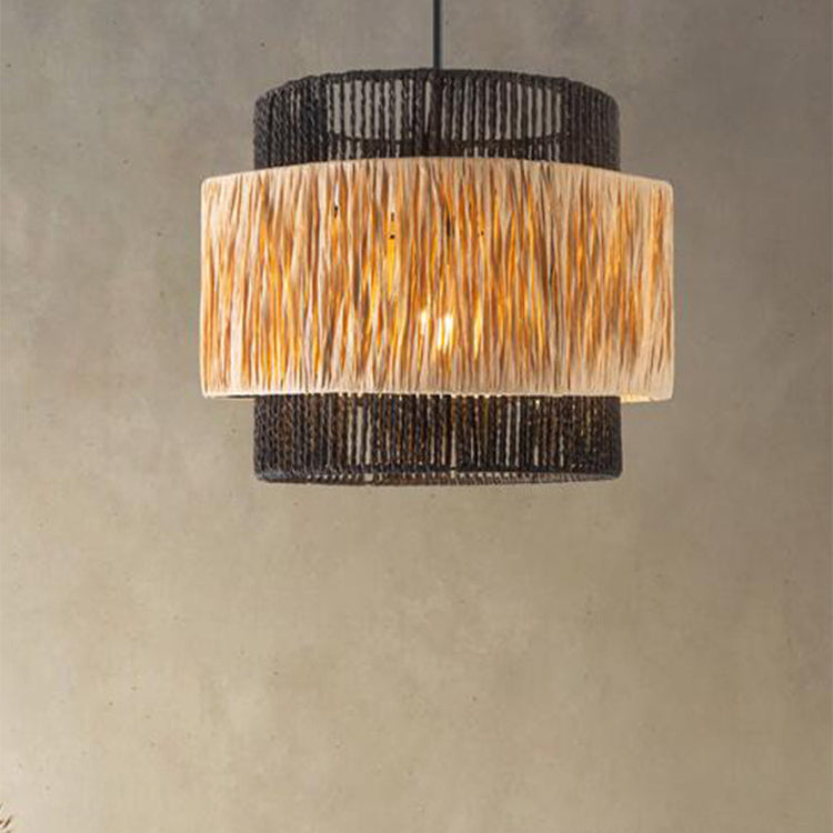 Zeitgenössischer Boho Zylinder Raffia Papier Lampenschirm Eisen 1/3 - Licht Kronleuchter für Wohnzimmer 