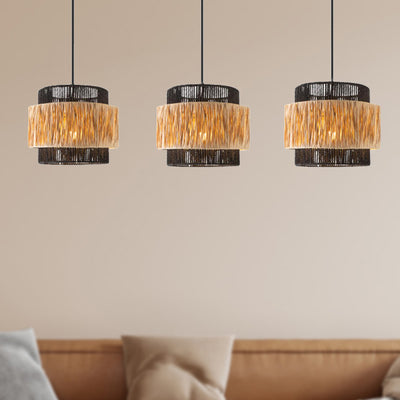 Zeitgenössischer Boho Zylinder Raffia Papier Lampenschirm Eisen 1/3 - Licht Kronleuchter für Wohnzimmer 
