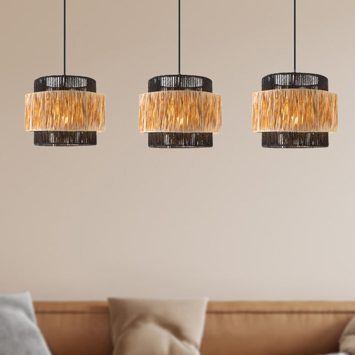 Zeitgenössischer Boho Zylinder Raffia Papier Lampenschirm Eisen 1/3 - Licht Kronleuchter für Wohnzimmer 