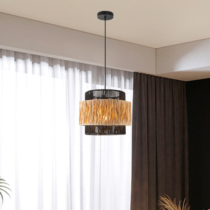 Zeitgenössischer Boho Zylinder Raffia Papier Lampenschirm Eisen 1/3 - Licht Kronleuchter für Wohnzimmer 