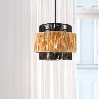 Zeitgenössischer Boho Zylinder Raffia Papier Lampenschirm Eisen 1/3 - Licht Kronleuchter für Wohnzimmer 