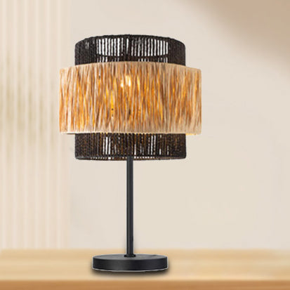 Zeitgenössische Boho Zylinder Raffia Papier Lampenschirm Eisen 1 - Licht Tischlampe Für Wohnzimmer 