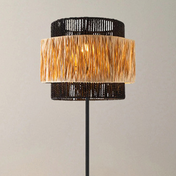 Zeitgenössische Boho Zylinder Raffia Papier Lampenschirm Eisen 1 - Licht Tischlampe Für Wohnzimmer 