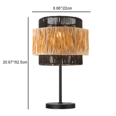 Zeitgenössische Boho Zylinder Raffia Papier Lampenschirm Eisen 1 - Licht Tischlampe Für Wohnzimmer 