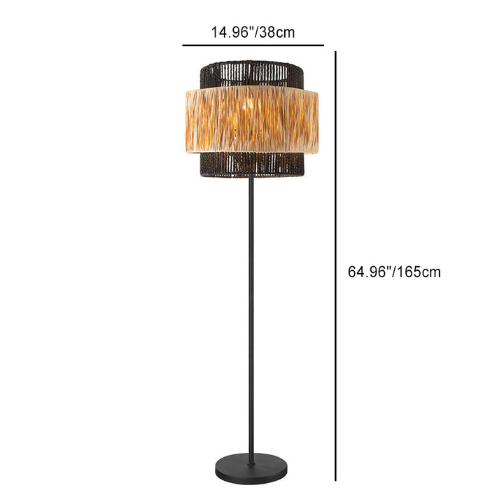 Contemporary Boho Cylinder Raffia Paper Lampshade Iron 1 - Light Standing Floor Lamp For Living Room