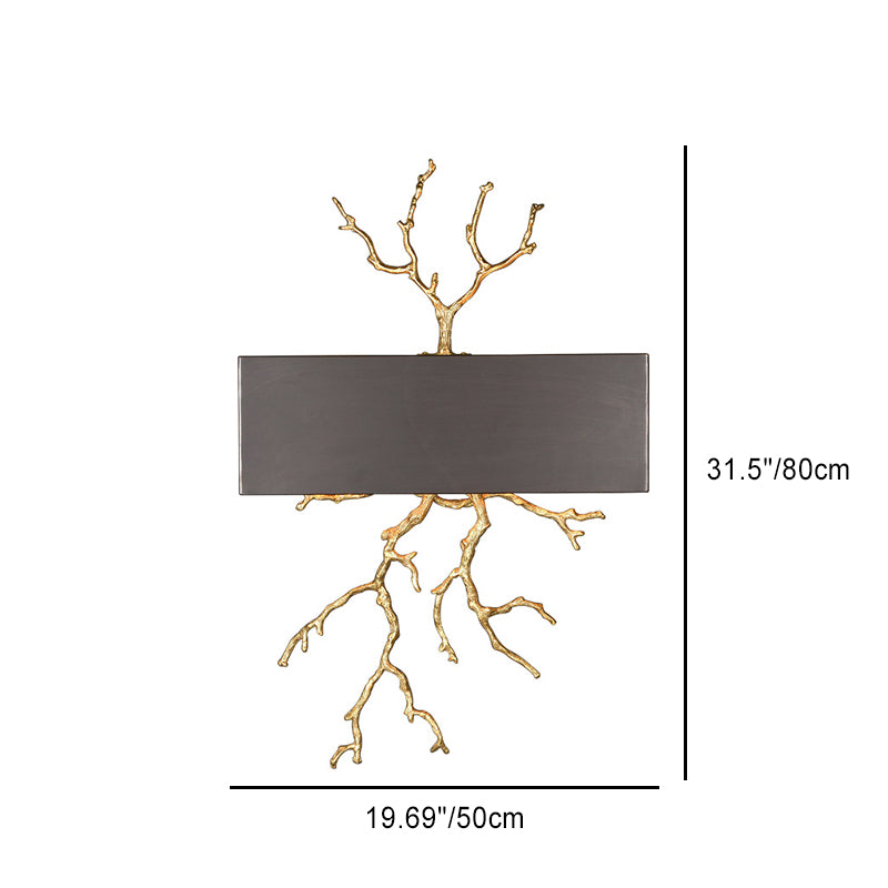 Lámpara de Aplique de Pared de 2 Luces con Pantalla de Hierro de Cobre Completo en Forma de Ramas Rectangulares de Lujo Moderno para Sala de Estar 