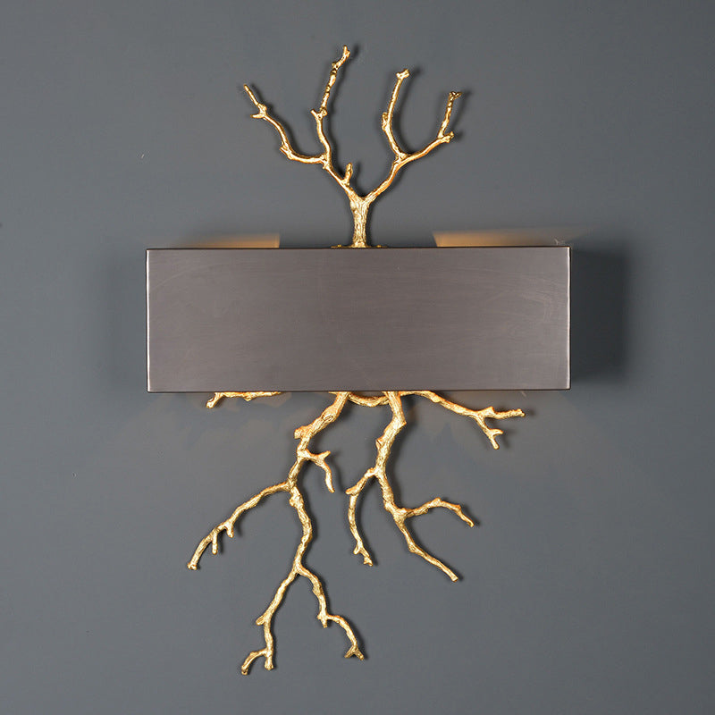 Lámpara de Aplique de Pared de 2 Luces con Pantalla de Hierro de Cobre Completo en Forma de Ramas Rectangulares de Lujo Moderno para Sala de Estar 