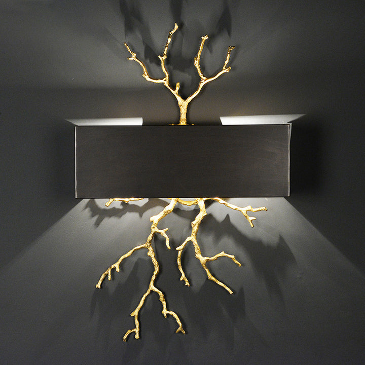 Lámpara de Aplique de Pared de 2 Luces con Pantalla de Hierro de Cobre Completo en Forma de Ramas Rectangulares de Lujo Moderno para Sala de Estar 