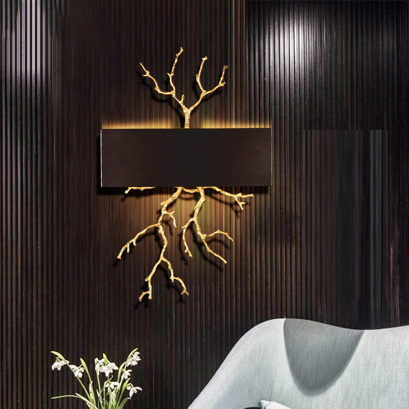 Lámpara de Aplique de Pared de 2 Luces con Pantalla de Hierro de Cobre Completo en Forma de Ramas Rectangulares de Lujo Moderno para Sala de Estar 