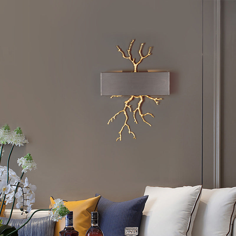 Lámpara de Aplique de Pared de 2 Luces con Pantalla de Hierro de Cobre Completo en Forma de Ramas Rectangulares de Lujo Moderno para Sala de Estar 
