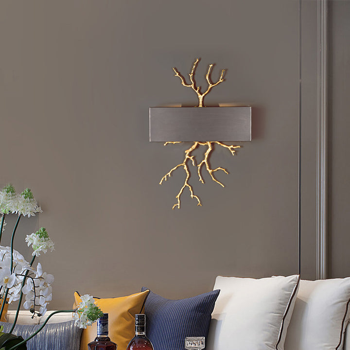 Lámpara de Aplique de Pared de 2 Luces con Pantalla de Hierro de Cobre Completo en Forma de Ramas Rectangulares de Lujo Moderno para Sala de Estar 