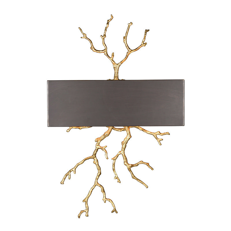 Lámpara de Aplique de Pared de 2 Luces con Pantalla de Hierro de Cobre Completo en Forma de Ramas Rectangulares de Lujo Moderno para Sala de Estar 