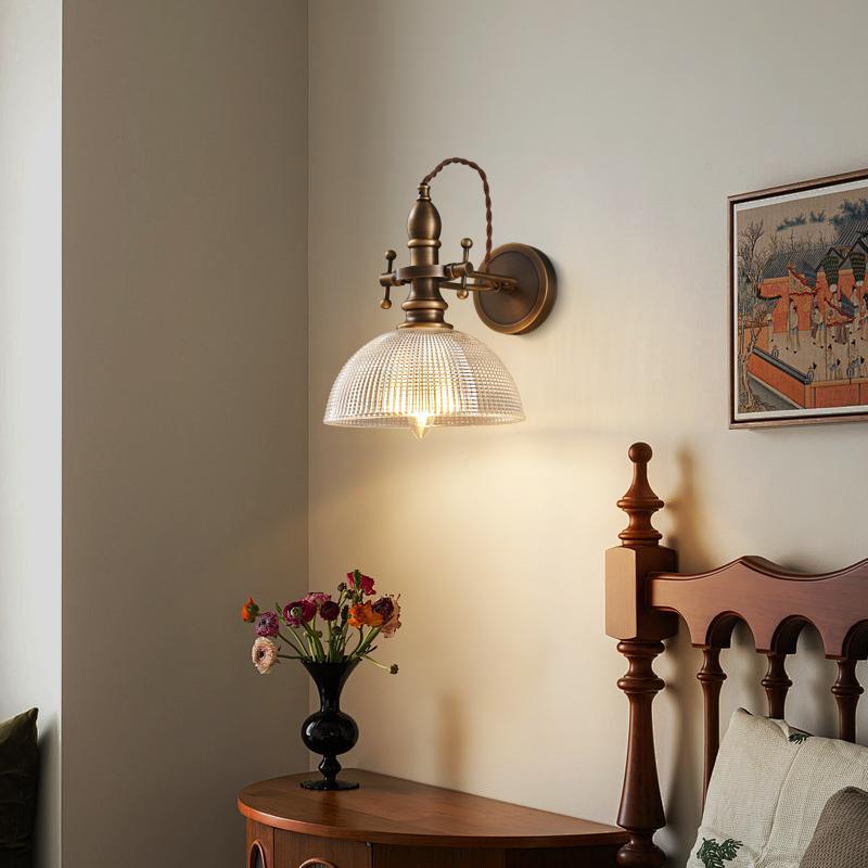 Contemporary Retro Hat Shape Full Copper Glass Lampshade 1 - Light Wall Sconce Lamp For Bedroom