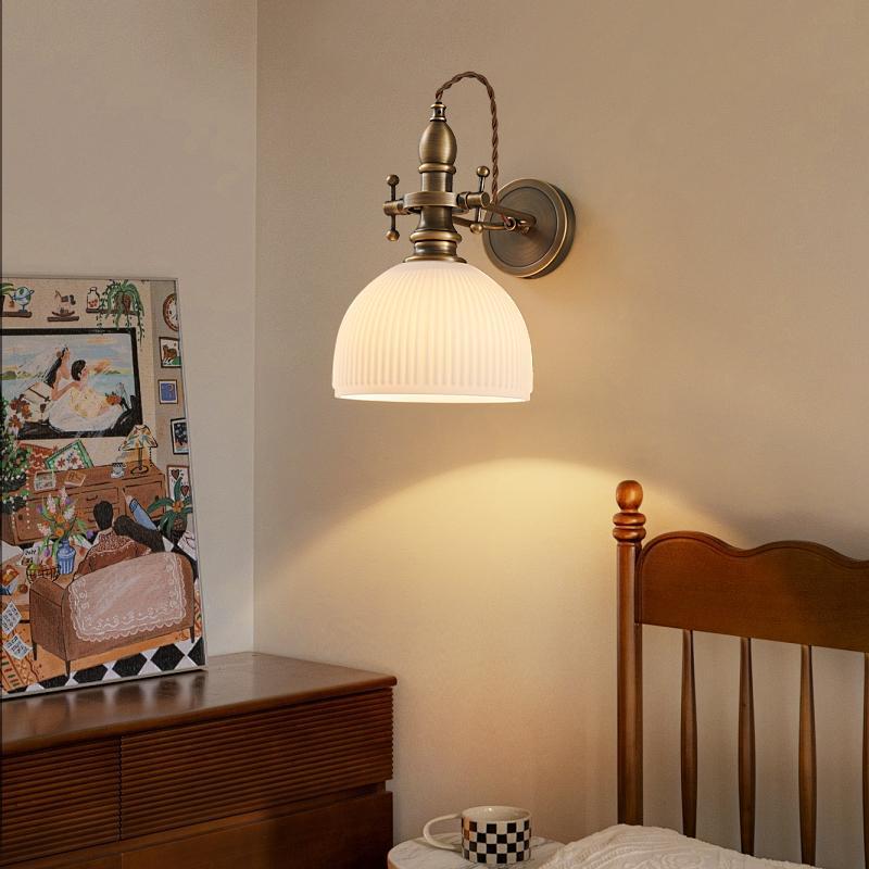 Contemporary Retro Hat Shape Full Copper Glass Lampshade 1 - Light Wall Sconce Lamp For Bedroom