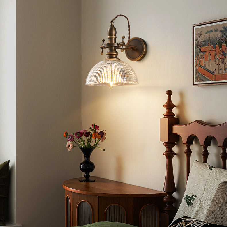 Contemporary Retro Hat Shape Full Copper Glass Lampshade 1 - Light Wall Sconce Lamp For Bedroom
