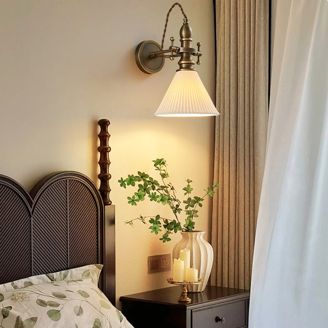 Contemporary Retro Hat Shape Full Copper Glass Lampshade 1 - Light Wall Sconce Lamp For Bedroom